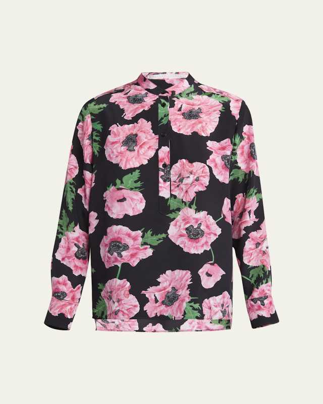 Poppy-Print Silk Button-Down Blouse